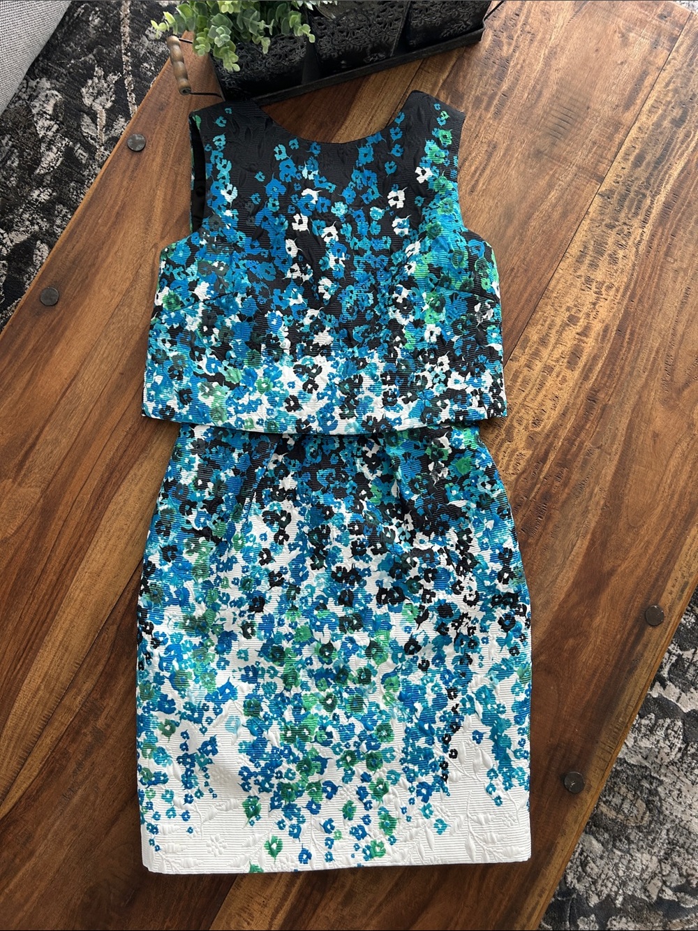 Monique Lhuillier Blue, Teal & Black Pop Over Faux Two Piece Floral  Dress